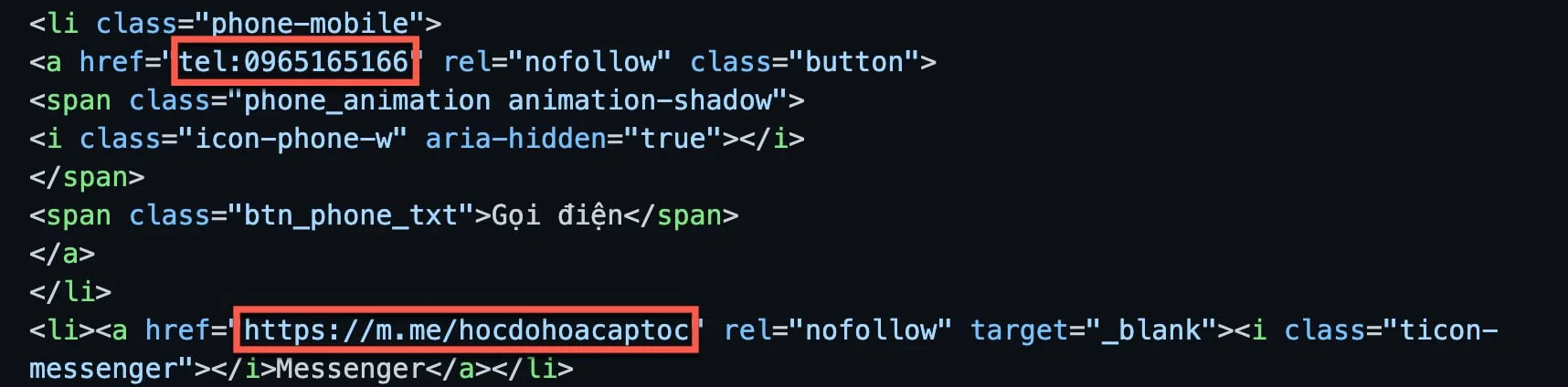 Code hiển thị hotline