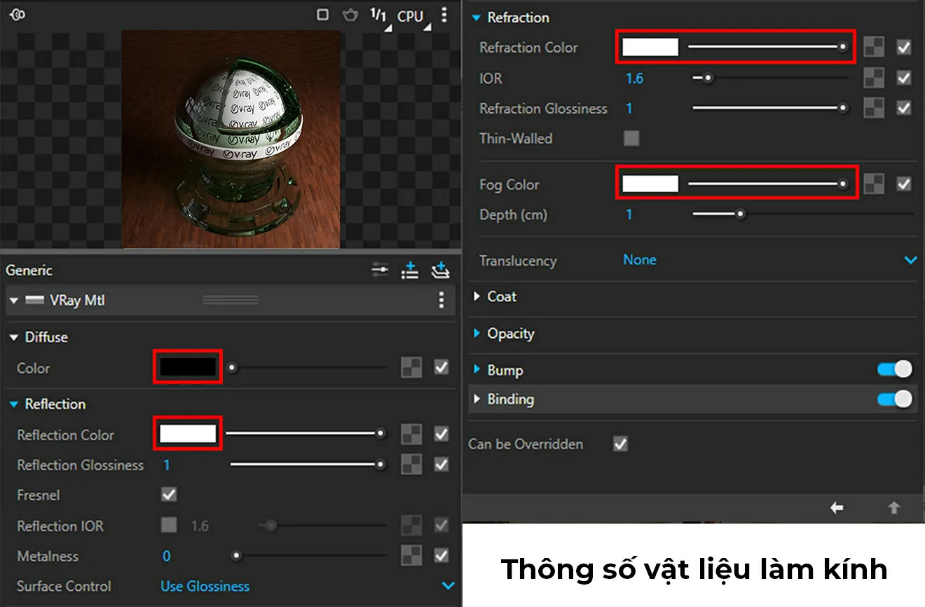 Cách setting vật liệu trong vray sketchup Thông số làm vật liệu kính